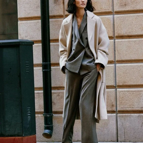 Zara wool blend belted wrap coat cream - Picture 5 of 13